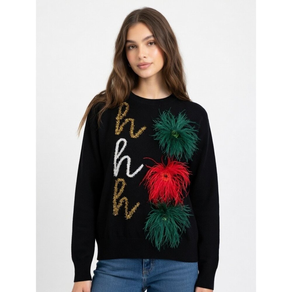 NWT Queen Of Sparkles Ho Ho Ho Sweater in Black Feather Tinsel Trim Christmas S